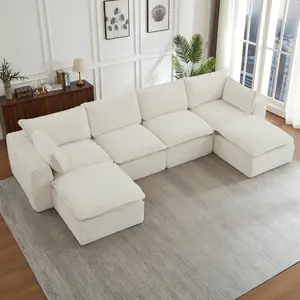 U Shape Boneless Couch, 140" Modular Sectional Sofa with 2 Ottoman, Modern Corduroy Upholstered Cloud Sofa with Deep Seat, Comfy Convertible 6 Seater Sleeper Couches for Living Room, White