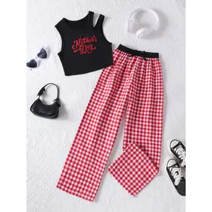 Ready Stock Girls Summer Outfit 8Y,9Y,10Y,11Y,12Y Kids "Happy Mother's Day" Cut-Out Tank Top & Plaid Wide Leg Pants Set S2005