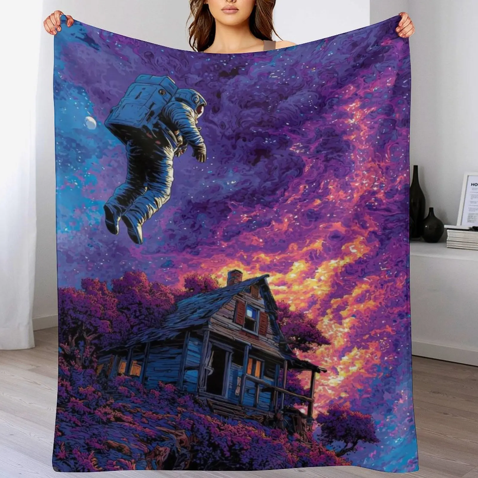Surreal Astronaut Galaxy Flannel Fleece Blanket Soft Cozy Space Cabin Art Print Throw Blanket for Couch Bedroom Lightweight All Season Blanket for Space Lovers