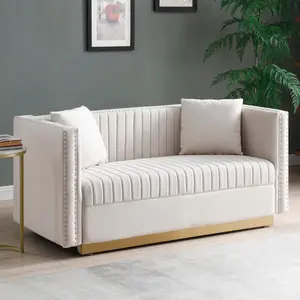 [Mother's Day Gift]Aobtkel.Contemporary Vertical Channel Tufted Velvet Sofa  Loveseat Modern Upholstered 2 Seater Couch for Living Room Apartment with 2 pillows,Beige#Summervibes