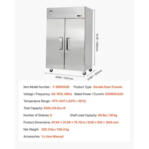 VEVOR Commercial Freezer, 31.89 in Width Reach In Upright-Freezer Double Door, 32.1 Cu. ft Auto-Defrost Stainless Steel Freezer with 8 Adjustable Shelves, -11 to 14 Temp Control, LED Light, 4 Wheels