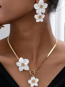 Elegant Floral Pendant Necklace & Earrings Set, Matching Jewelry Set, 3-Piece Fashion Jewelry for Women, Perfect for Daily Gatherings, Parties, Holidays
