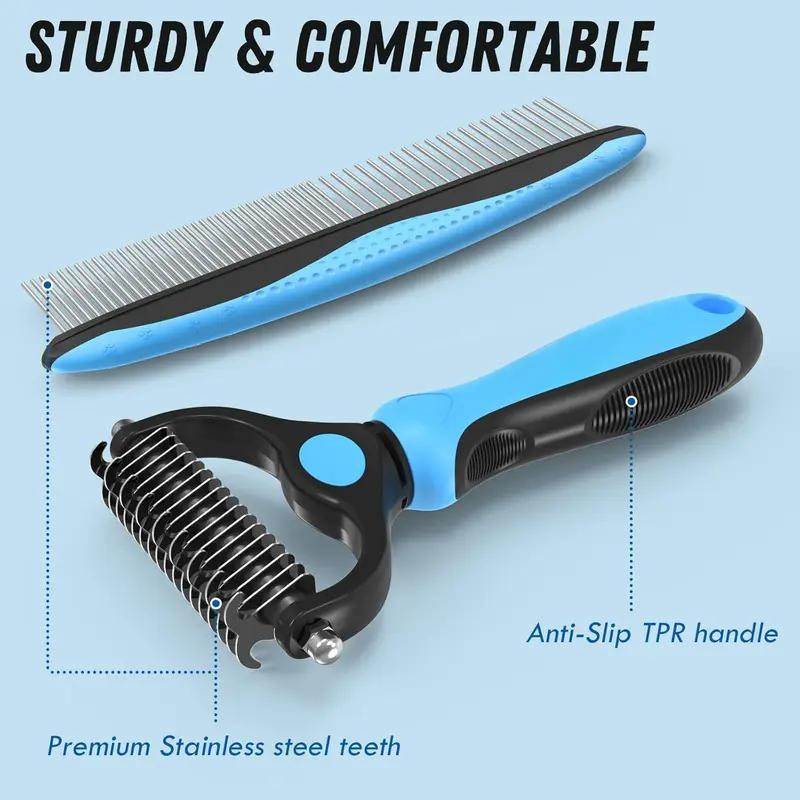Dog & Cat 2-Piece Deshedding Grooming Accessories Set - Deshedding Tool, Slicker Brush, Double-Sided Pain-Free Comb, 17-Tooth Tool, 6.7"l Ultra-Wide Base Detangler, 3.9"w(2.6" Brush Part), Fur Removal, Universal Fit, Shiny Coat Boost, 17-Tooth Side, Dual