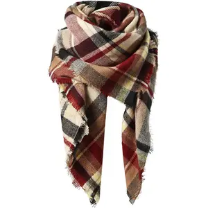 Womens Fall Winter Scarf Plaid Tassel Soft Warm Blanket Scarves Womens Shawl Wraps