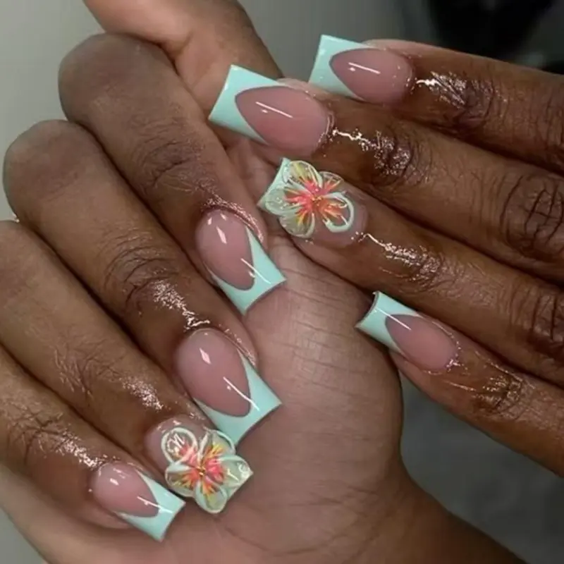 24pcs Floral French Nail Stickers, Tiffany Blue Design, 3D Gel Flowers, Flower Nails, Medium Size, Acrylic Material, Summer Manicure Essentials, DIY Nails Art