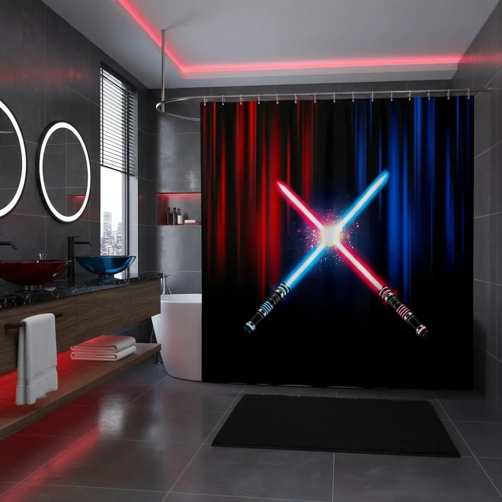 Neon Light Lightsaber Shower Curtain Geometric Red Blue Abstract Ombre Bathroom Curtain Adult Bathtub Decor Video Games Waterproof Curtain Fashion Black Bath Curtain,