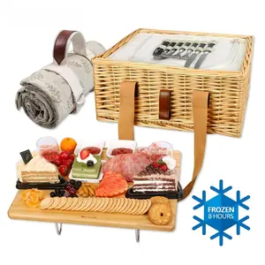 Handwoven Insulated Wicker Picnic Basket for 2/4 Person with Mini Folding Wine Picnic Table & Large Insulated Cooler Bag & Cutlery Service Kits Insulated Woven Beach Cooler Bag Perfect for Outdoor Picnics and Gifts