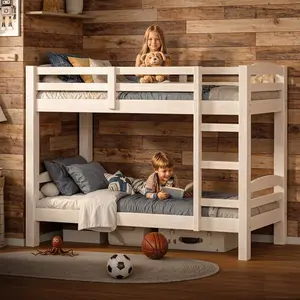 Twin Over Twin Bunk Bed Frame, Pine Solid Wood Detachable Bed Frame with High Guardrails & Integrated Ladder, Wooden Slatted Bunk Bed for Kids & Teens, No Box Spring Needed, White