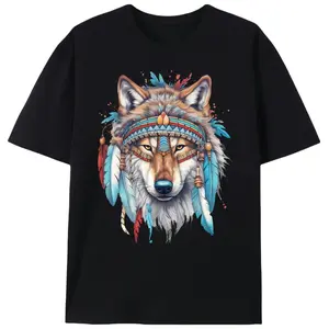 Men's Graphic T-Shirt with Feathered Wolf Print, Casual Tribal Short-Sleeve Streetwear in 100% Knit Cotton