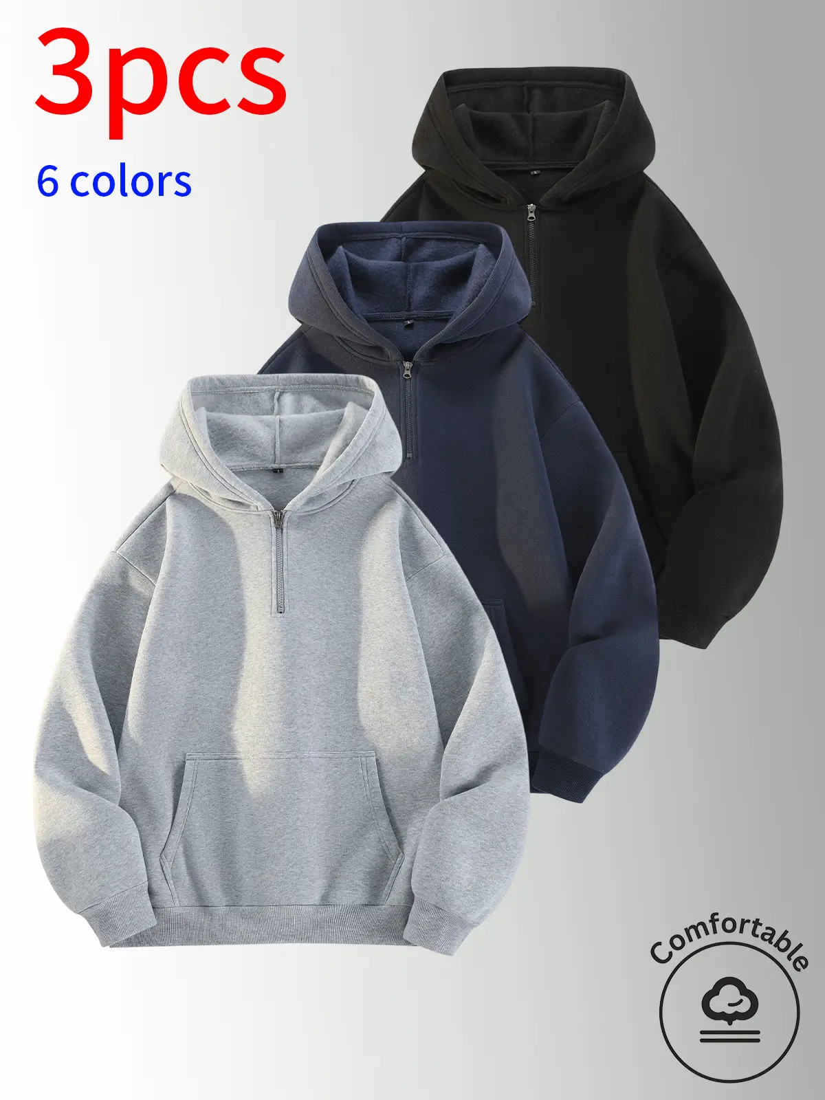 3‑Pack Men Quarter Zip Hooded Fleece Sweatshirt, Baggy Loose‑Fit Half‑Zip Basic Streetwear Pullover Hoodie, With Functional Kangaroo Pocket, Comfortable Male Clothing, Trendy Winter Sweatshirt Suitable For Fall Winter Daily Casual And Street‑Style Outfits