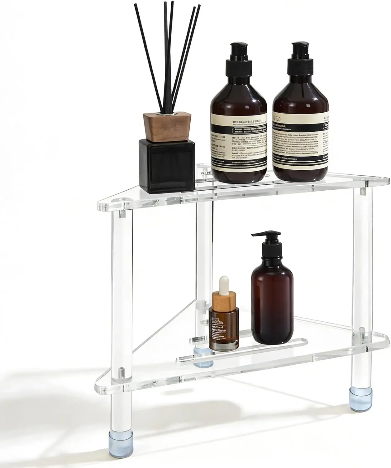 14.3''H Acrylic Corner Shower Stool for Shaving Legs |   Clear Waterproof Foot Rest with Storage Shelf, Triangle Bench for Inside Small Spaces & Bath Supplies