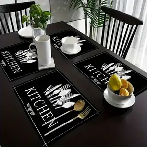 Set of 4, Fabric for The Kitchen, Decorative Items And Additions for The Kitchen, Table Mats, Linen Placemats Featuring a Black Knife And Fork Design, Ideal for Decorating Hotel Restaurants And Holiday Parties