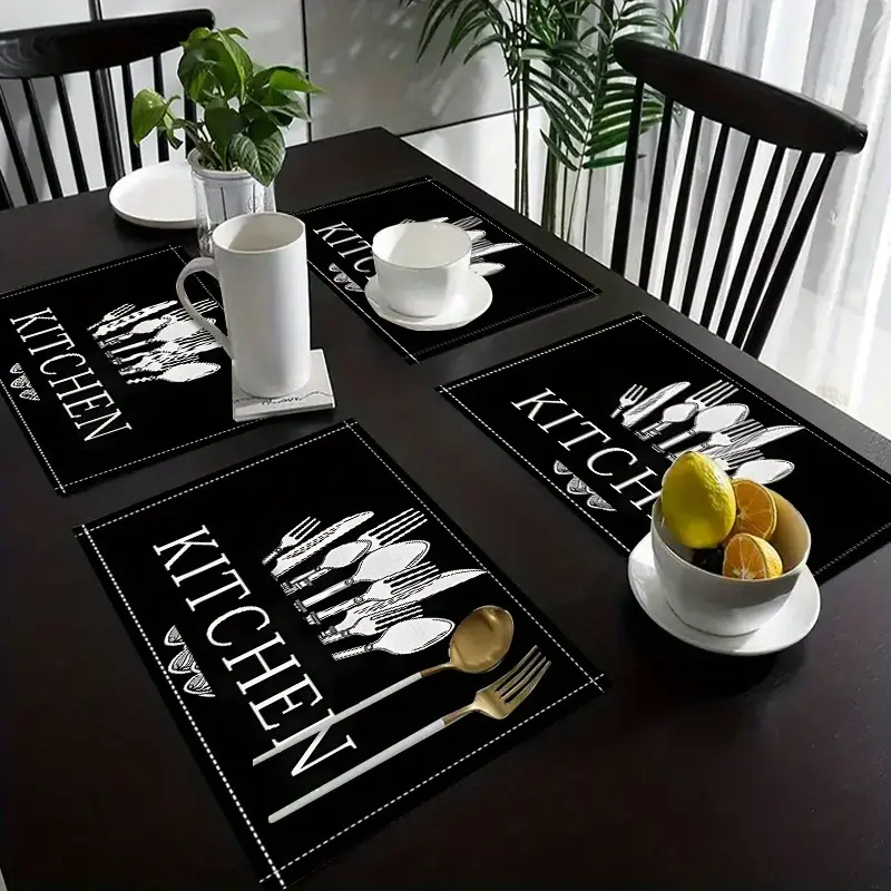 4-Piece Linen Table Mats - Lightweight Stylish Cloth Placemats & Anti-Slip Scratch-Resistant Placemats & Coasters, Black Knife-Fork Design Kitchen Tableware for Hotel Restaurants, Holiday Parties, Cloth Placemats & Coasters