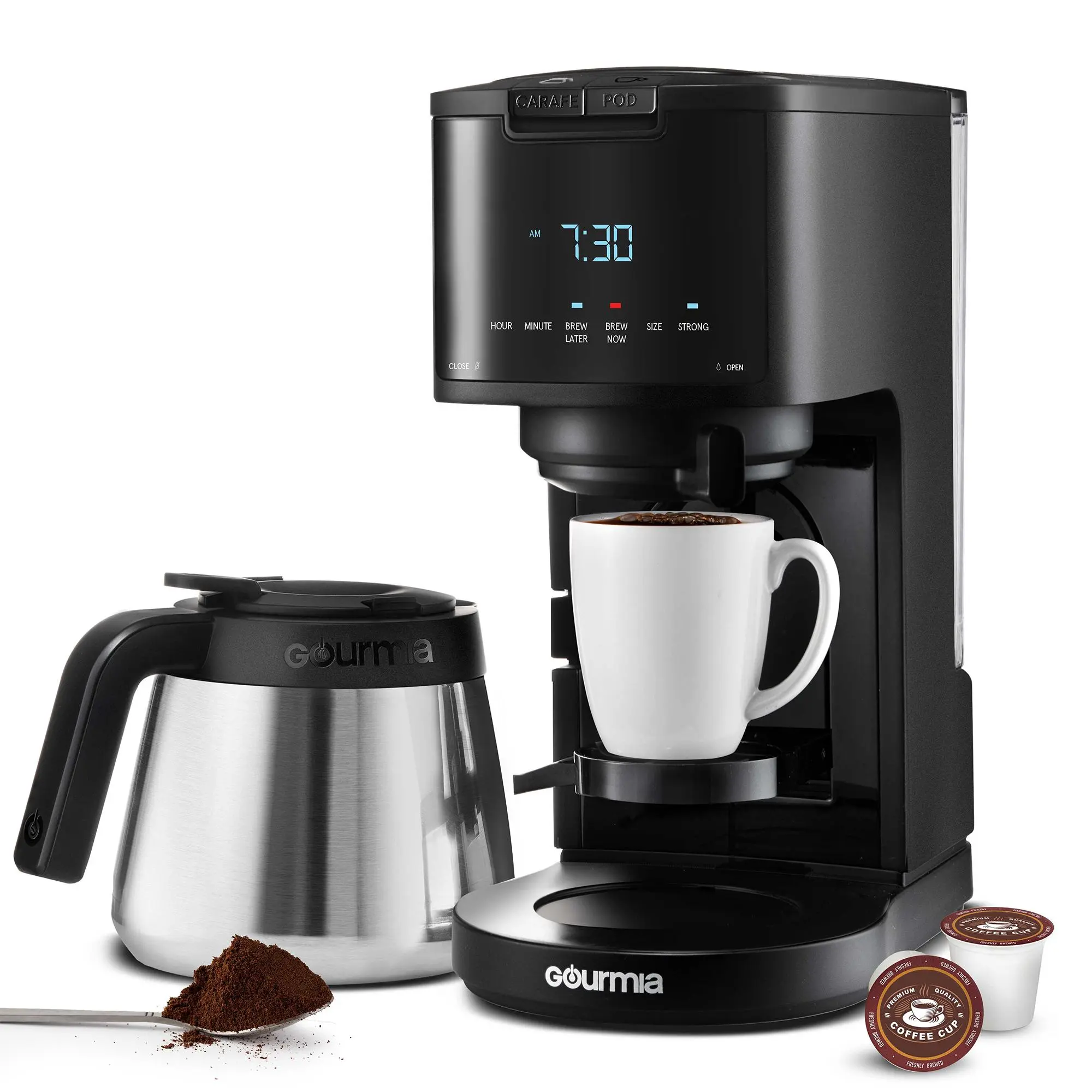 Gourmia 2-in-1 Coffee Maker with Single Serve Pod & 12-Cup Drip Brewer Pod Compatible Programmable Auto Shut Off Fold-Away Shelf Thermal Carafe Removable Filter Basket