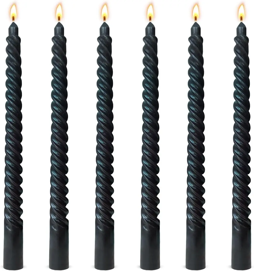 6 Pack 10 Inch Black Spiral Taper Candles for Halloween Wiccan and Pagan Rituals, Unscented Dripless Twisted Candlesticks for Dinner Party Gothic Decoration and Memoria Services