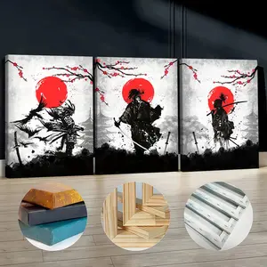 3Pcs Wooden Framed Canvas Painting, Samurai With Red Sun And Cherry Blossom Images, Exquisite Poster, Home Decoration, Pattern Wall Art Decor, For Living Room, Bedroom, Office, Restaurant, Bar Wall Decor, Waterproof, Odorless, Painting, Print Artwork.