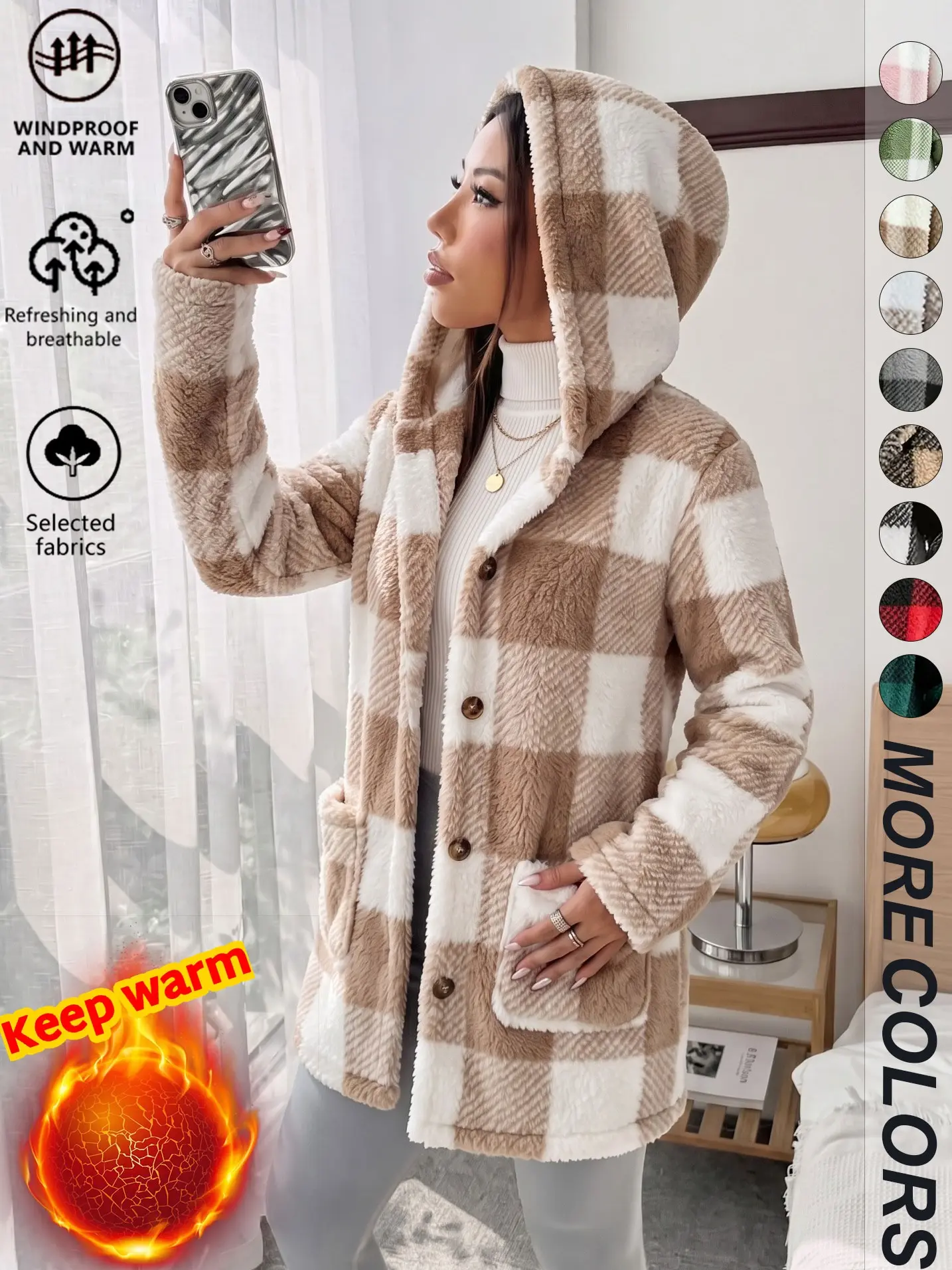 Women’s plaid fleece hooded slim-fit jacket, loose casual fashion design, soft, fluffy fleece fabric, button closure and hood style, mid-length silhouette, available in multiple colors, Valentine’s Day edition, autumn/winter outerwear