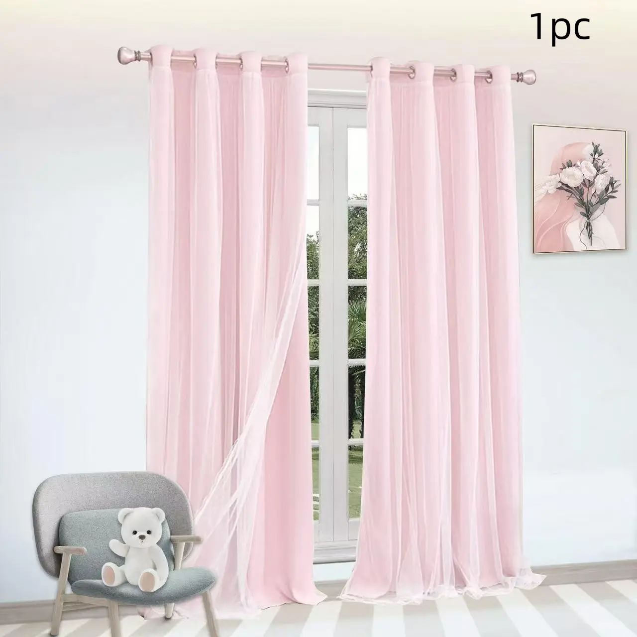1pc Korean Princess Style Blackout Curtains, Dual Layer Drapes for Bedroom & Living Room Windows, Colors Available, Enhanced Light Blocking, Room Decor Curtain, Home Decorative Curtain, Home Decoration Curtain