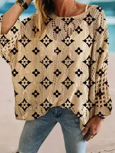 Geometric Print Long Sleeve Knit Top, Casual Elegant Vacation Style Sweater, Knitwear, Loose Batwing Shoulders, Spring Summer Fall Women's Clothing