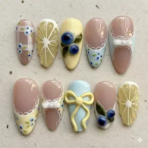 3D Lemon Blueberry Press On Nails, Cottagecore Bow Fruit Nail Art