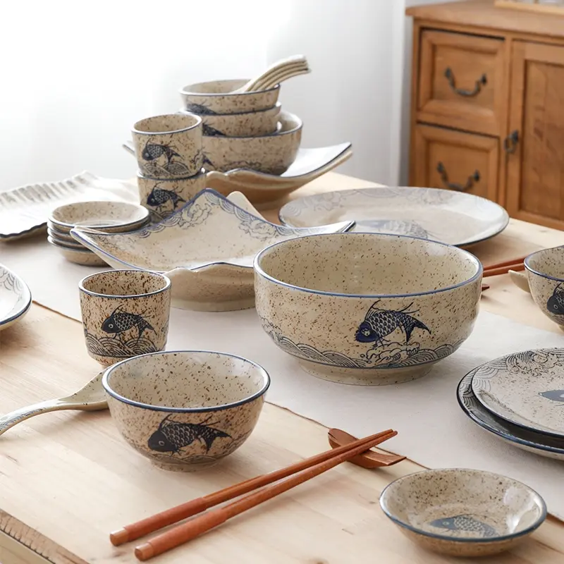 12pcs Japanese Dinnerware Set, Elegant Fish Pattern Ceramic Plates, Bowls & Serving Dishes, Reusable, Microwave Safe, Holiday Gift, Plates and Bowls Sets, Tableware Set, Dish Sets, Dinnerware Service Set