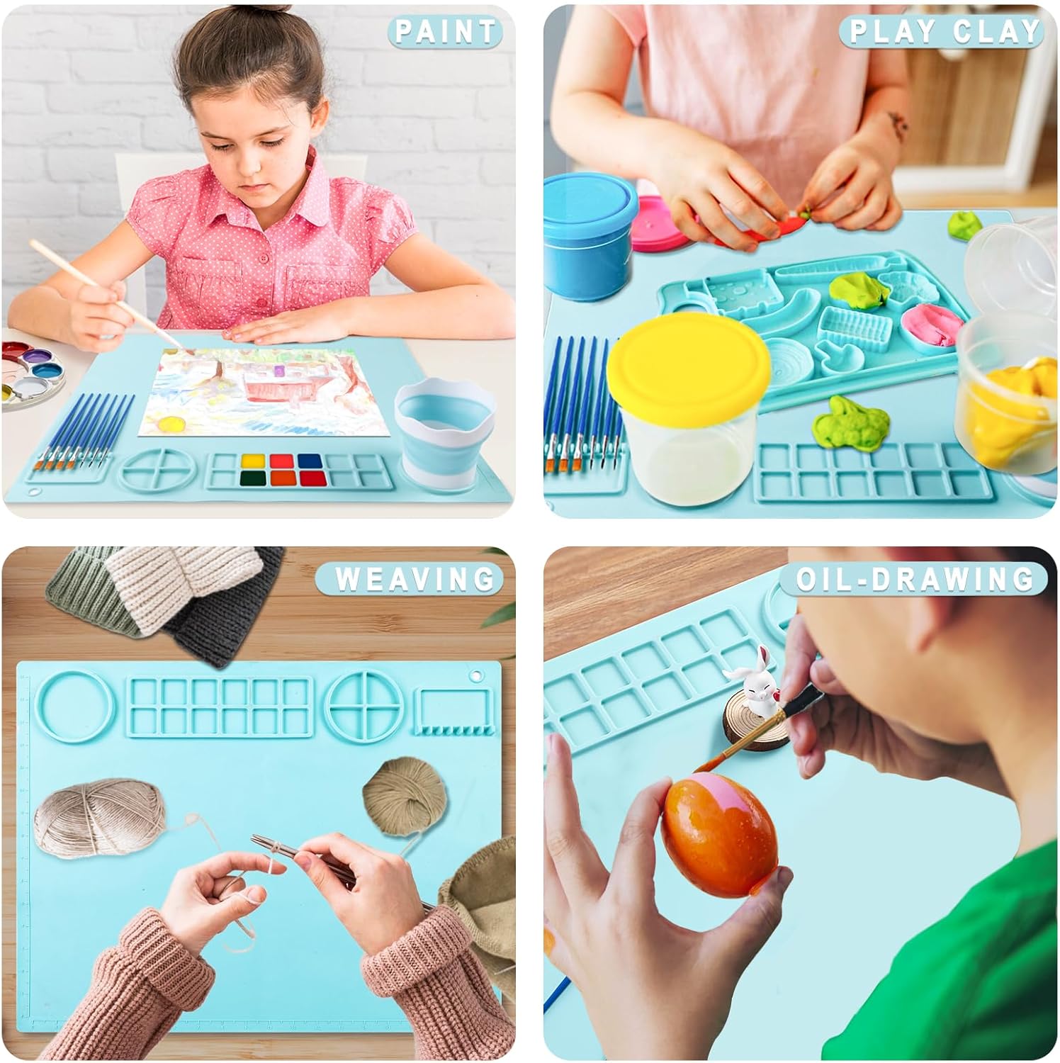 Large 20x16 Silicone Craft Mat with Cup & 10 Brushes - Mess-Free Waterproof Art Mat for Painting, Resin & DIY Crafts - Non-Stick Drawing Pad