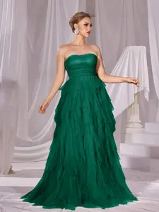 Elegant Layered Mesh Halter Tailored Maxi Dress, Formal Wear, Cool Atmosphere, Perfect for Evening Parties, Fashion Shows, Carpet Events