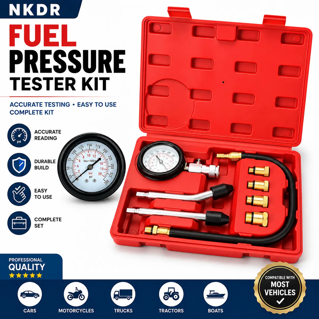 NKDR Durable Automotive Fuel Pressure Tester Kit Set - Easy-to-Read Gauge, Hose, Brass Adapters, Carry Case for Cars/Motorcycles, Truck, Home or Shop Small Gas Engine Repair Maintenance