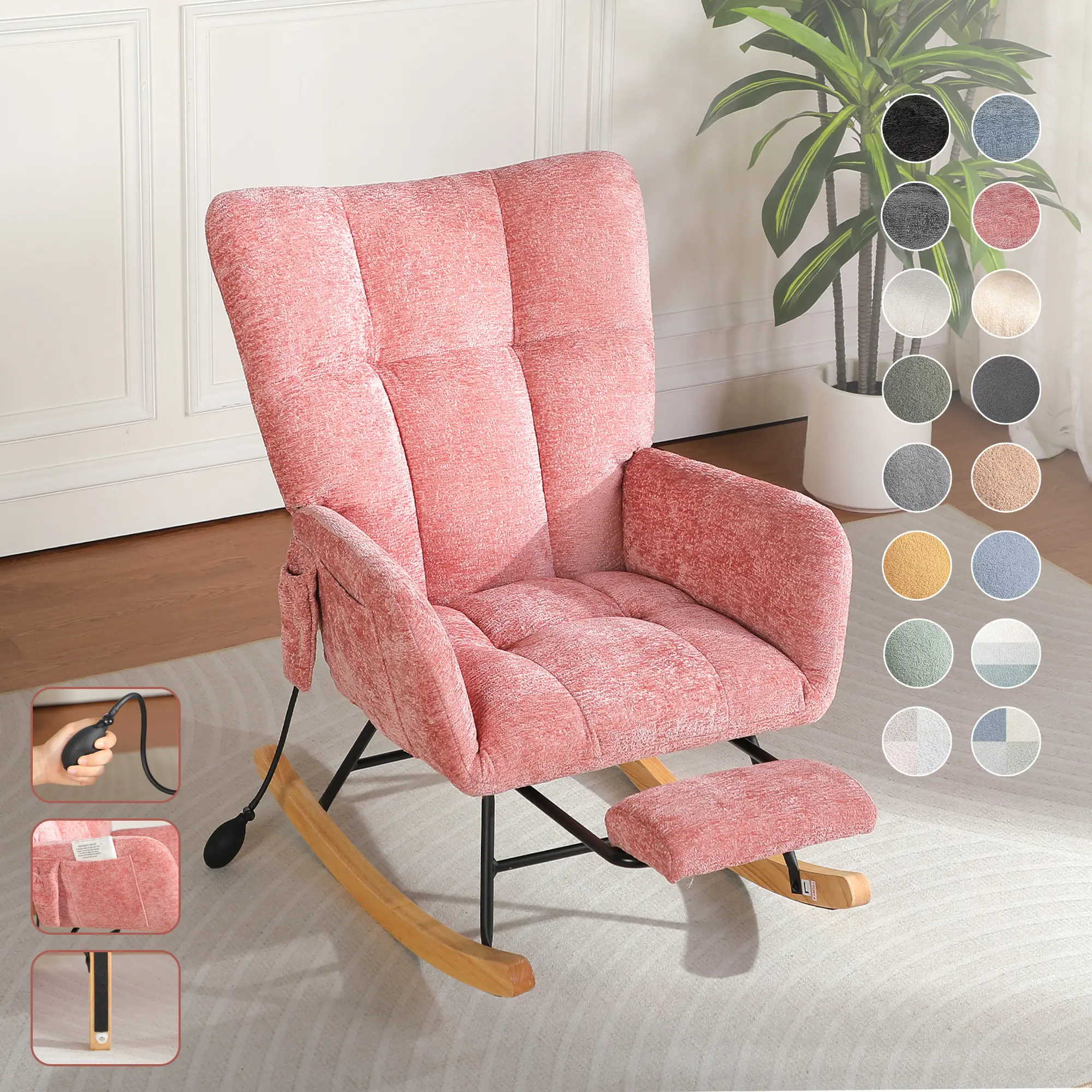 SOUTTEE Teddy Fabric Rocking Chair with Pocket, Soft Rocking Chair for Nursery, Comfy Wingback Golider Rocking Chair with Safe Solid Wood Base, Living Room