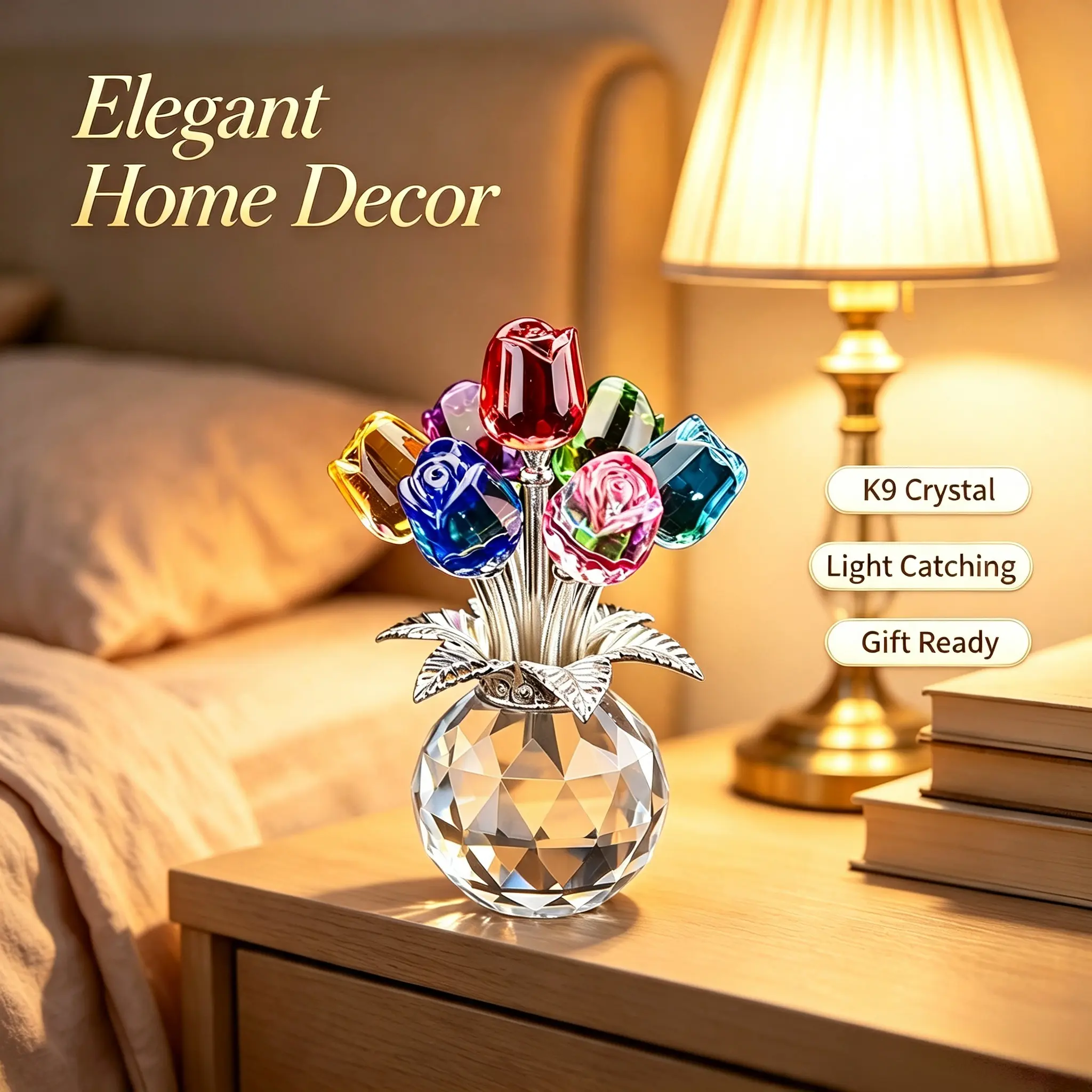 K9 Crystal Rose Bouquet Figurine - Glass Rose Flower Statue for Desk & Bookshelf - Decorative Ornament for Bedroom, Living Room, Office & Home Decor - Birthday, Valentine's Day, Wedding Anniversary & Christmas Gift Idea for Women, Mom, Wife & Girlfriend