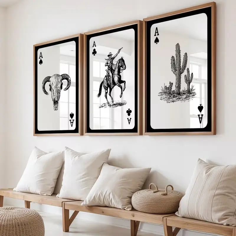 Set of 3 Western Cowboy Wall Art Poster, Longhorn Bull Skull Playing Card Vintage Art Print, Unframed Southwestern Rustic Decor for Bedroom Living Room Man Cave Office