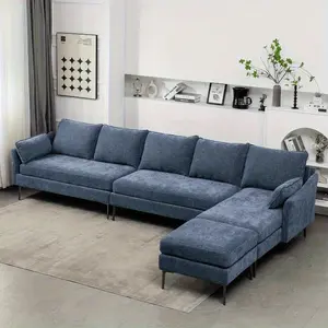 L Shaped Sectional Sofa Chenille Convertible Sectional Couch with Chaise Lounge and Ottman for Living Room, Blue/Green/Gray