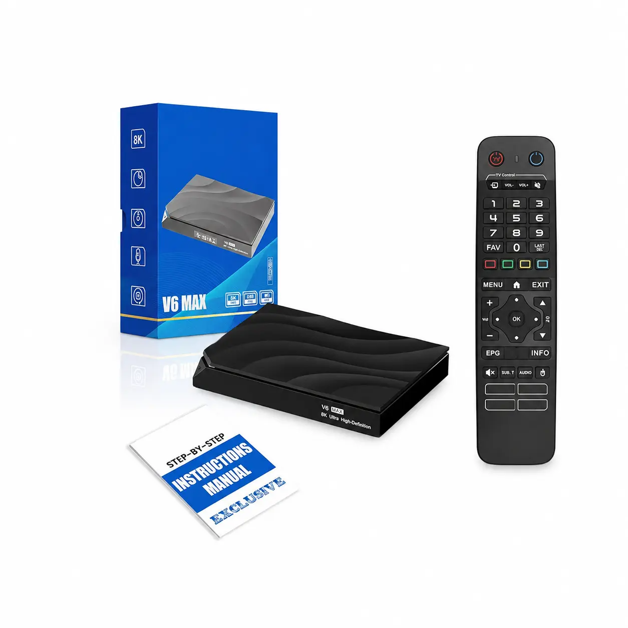 V6 Series Box 64G, designed specifically for home use, comes with essential remote control.