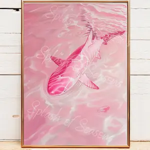 Pink Shark In The Water, Girly Decor, Coastal Decor, Beach House Decor, Ocean Lover Gifts, Unframed, Pink Wall Art Room Artistic