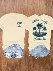 Women's Coconut Tree Print Round Neck Tee, Fashion Casual Short Sleeve T-shirt, Ladies Summer Clothes for Daily Wear, Top