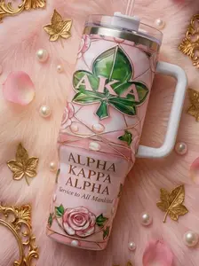 Alpha Kappa Alpha Tumbler with Handle – AKA Sorority Luxury Mug, Pink & Green Stainless Steel Cup, Perfect AKA Gift
