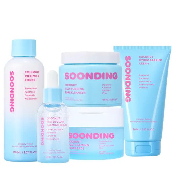 [SOONDING] Complete Set - Jelly Pudding Pore Cleanser 100ml, Rice Milk Toner, Calming Serum, Barrier Cream, Toner Pad