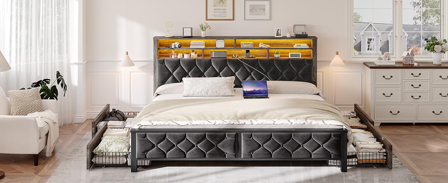 Raybee Luxury Modern LED Bed Frame with Power Stripes, Tufted Velvt Upholstered Full /Queen/King Size Bed Frame with Bookcase Storage Headboard, Heavy Duty Platform Bed Frame Holds 900LBS, NO Noise, No Box Spring Needed, Space Saving Hacks, Beige, Gray Raybee Luxury Modern LED Bed Frame with Power Stripes, Tufted Velvt Upholstered Full /Queen/King Size Bed Frame with Bookcase Storage Headboard, Heavy Duty Platform Bed Frame Holds 900LBS, NO Noise, No Box Spring Needed, Space Saving Hacks, Beige, Gray