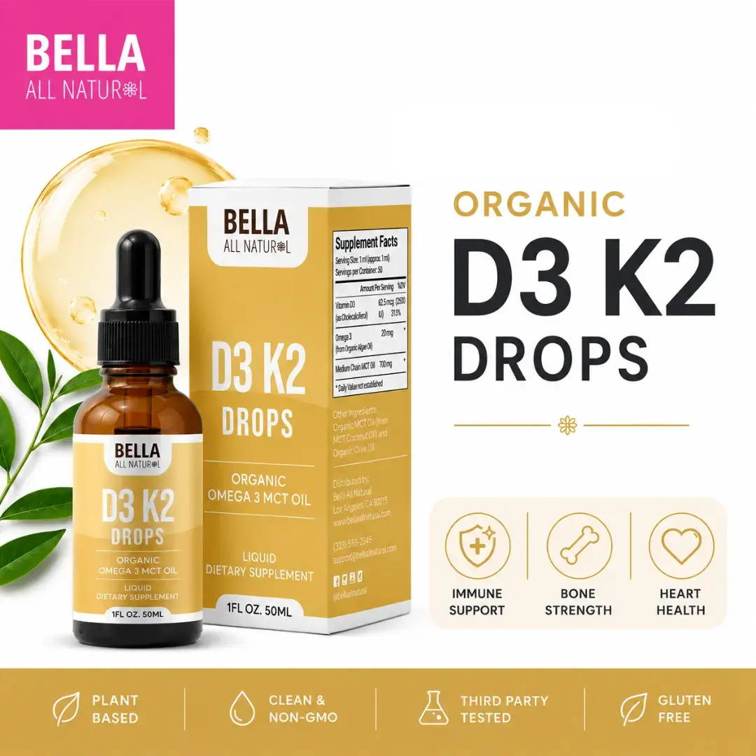 Bella All Natural D3 K2 Drops Organic Omega 3 MCT Oil 50ml Supplement for Daily Health Needs