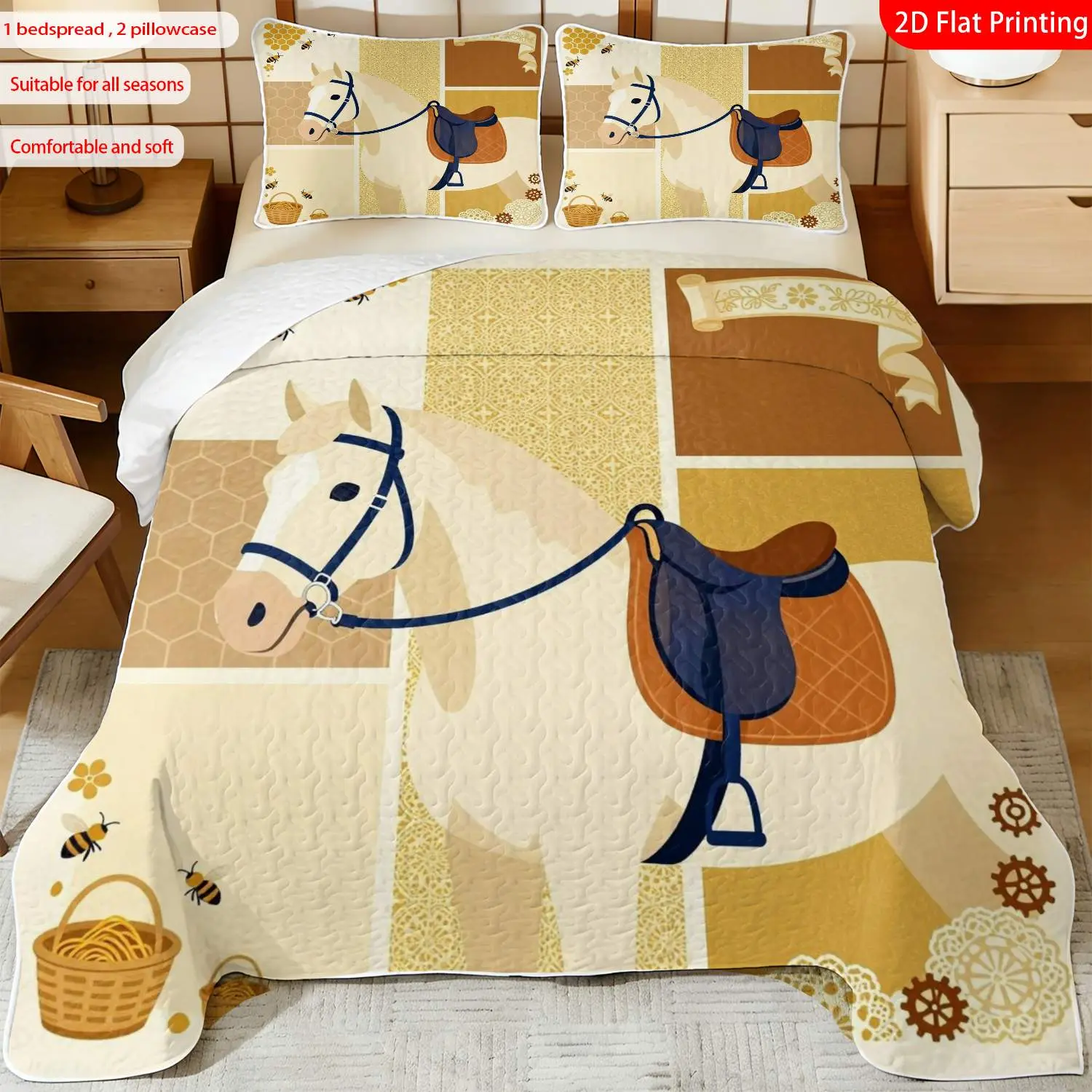 3 pcs, 2D Flat Print Horse & Honeybee Pattern Bedspread Set, Soft and Comfortable, Multiple Sizes Available, Suitable for Gifting and Daily Use, Ideal for Creating a Cozy Home Atmosphere(1 bedspread , 2 pillowcases)