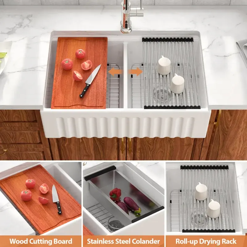Logmey 33" Farmhouse Kitchen Sink White Ceramic Double Bowl Workstation Apron Front Sink with Accessories,kitchen upgrade,kitchen makeover