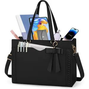 Laptop Bag for Women 15.6 Inch Work Tote Bag with Detachable Strap & Bow Professional Laptop Tote with Cup Holder