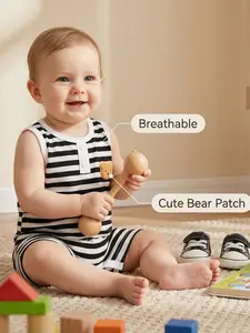 Summer 0-2 Years Baby Boy Striped Sleeveless Onesie, Button Front with Teddy Bear Patch, Snap Crotch Design, Soft Breathable, Perfect for Play and Photoshoots