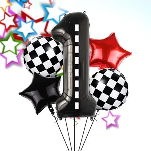 Race Car Theme Number Star Balloons, Checkered Foil, Multi Shape Mixed Color Set, Boys Birthday Party Decor