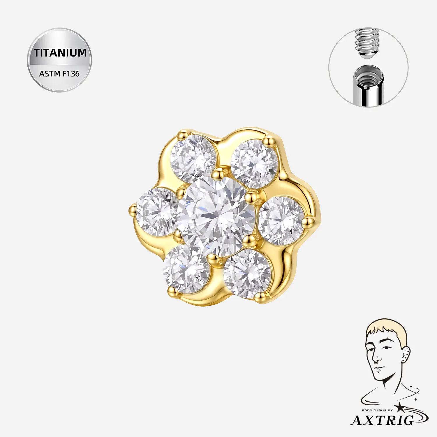 Titanium Flower CZ (5MM) - Surface Piercing Jewelry for Anti-Eyebrow & Dermal Anchors