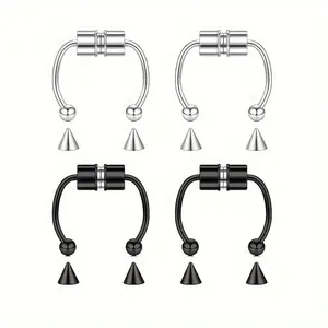 12 count sets of magnetic false nose rings with replacement ball nose clip silver black stainless steel personalized punk style female diaphragm ring, safe and painless nostril free perforation jewelry