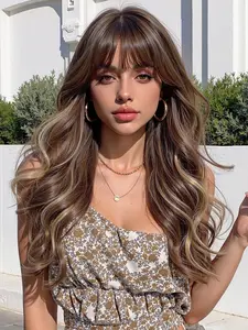 Dark Blonde Highlight Loose Wave Wig with Fringe, Heat Resistant Fiber, Wavy Style & Full Bangs, Medium Length, All Seasons