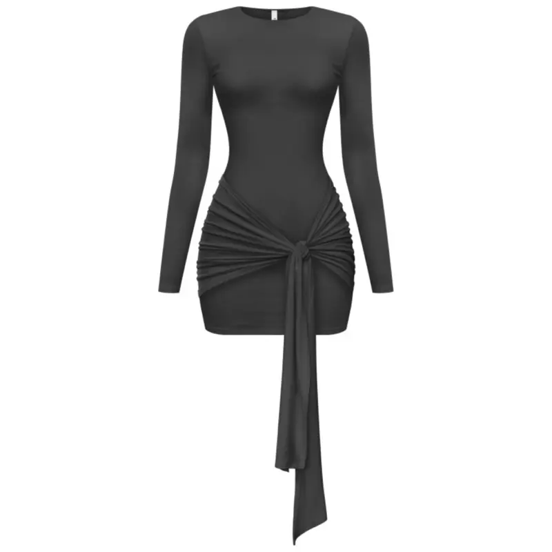 chinese dress ladies Black Recycled Spandex Shell Belt Long Sleeve Dress
