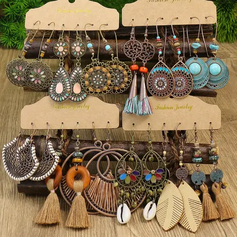 12 Pairs Boho Hollow-Out Leaf & Vintage Shell Design Dangle Earrings for Women, Statement Fashion Jewelry, Boho Style Jewelry, Trendy Unique