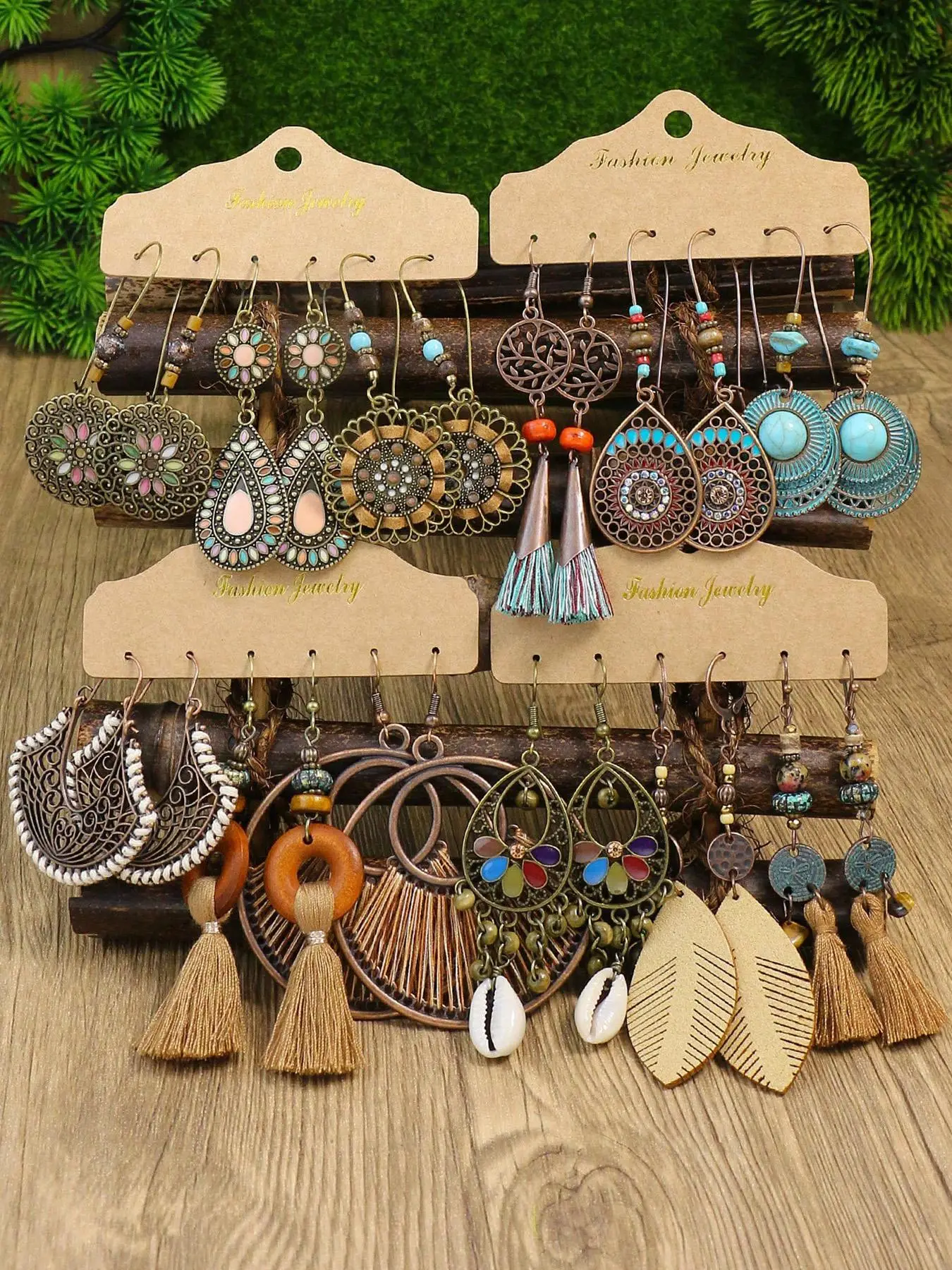 Boho Style Hollow out & Leaf Design Dangle Earrings (12 Pairs), Vintage Style Shell Design Dangle Earrings, Fashion Jewelry for Women